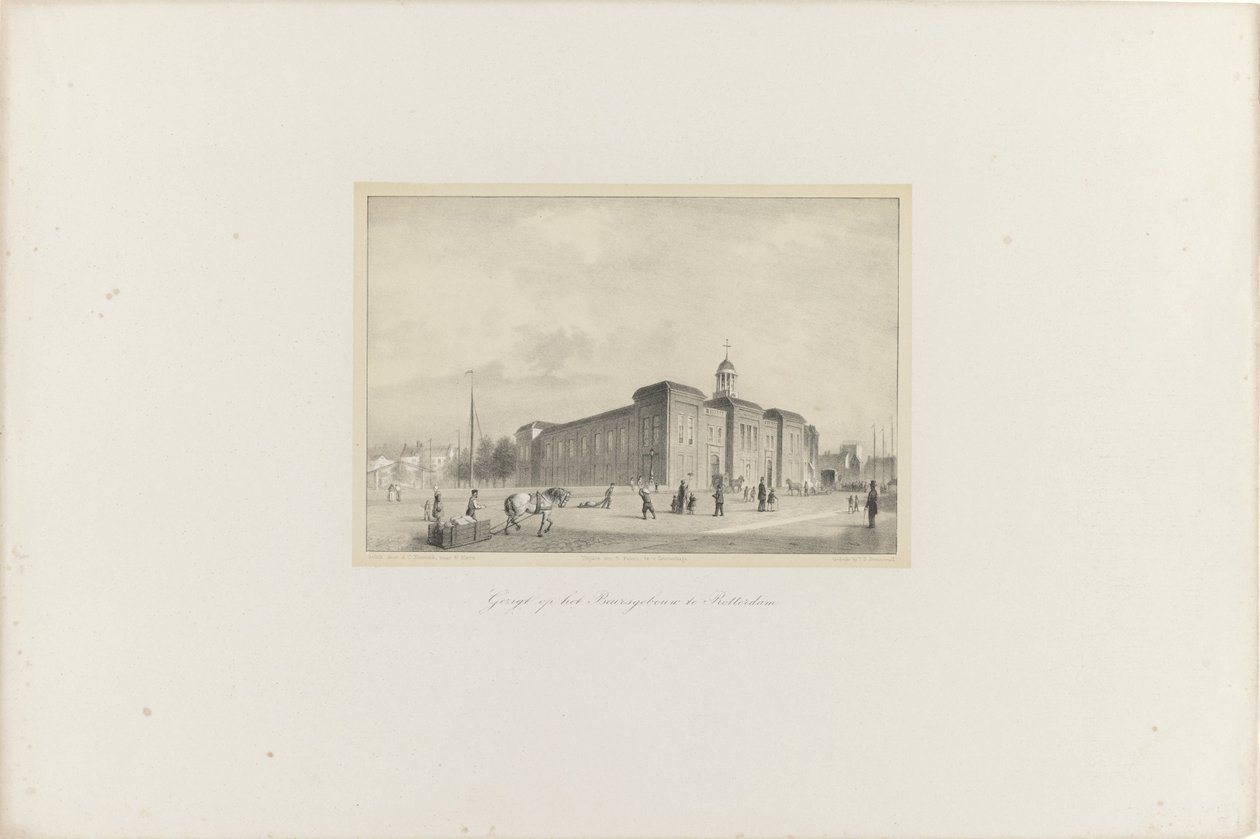 Vista del Beursgebouw en Rotterdam, 1854 Vista del Beursgebouw en Rotterdam (título sobre objeto) La Sociedad para la Promoción de Toonkunst, su Festival de Música y la ciudad de Rotterdam. memoria del año 1854 (título de serie sobre objeto) de Adolf Carel Nunnink