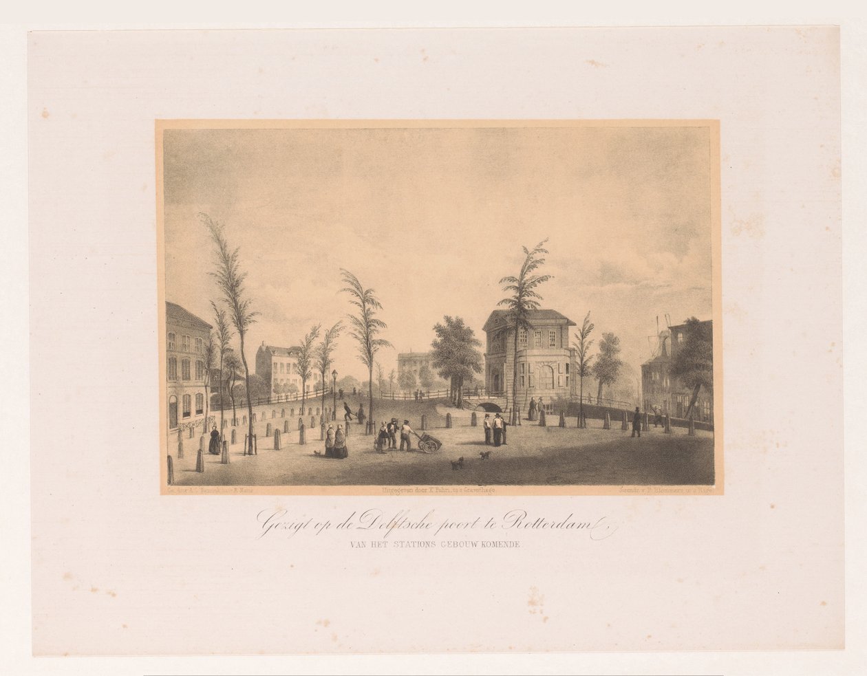 Vista del Delftse Poort en Rotterdam Vista de la puerta de Delftsche en Rotterdam / desde el edificio de la estación (título sobre el objeto) La Sociedad para la Promoción de Toonkunst, su Festival de Música y la ciudad de Rotterdam. recuerdo del año 1854  de Adolf Carel Nunnink