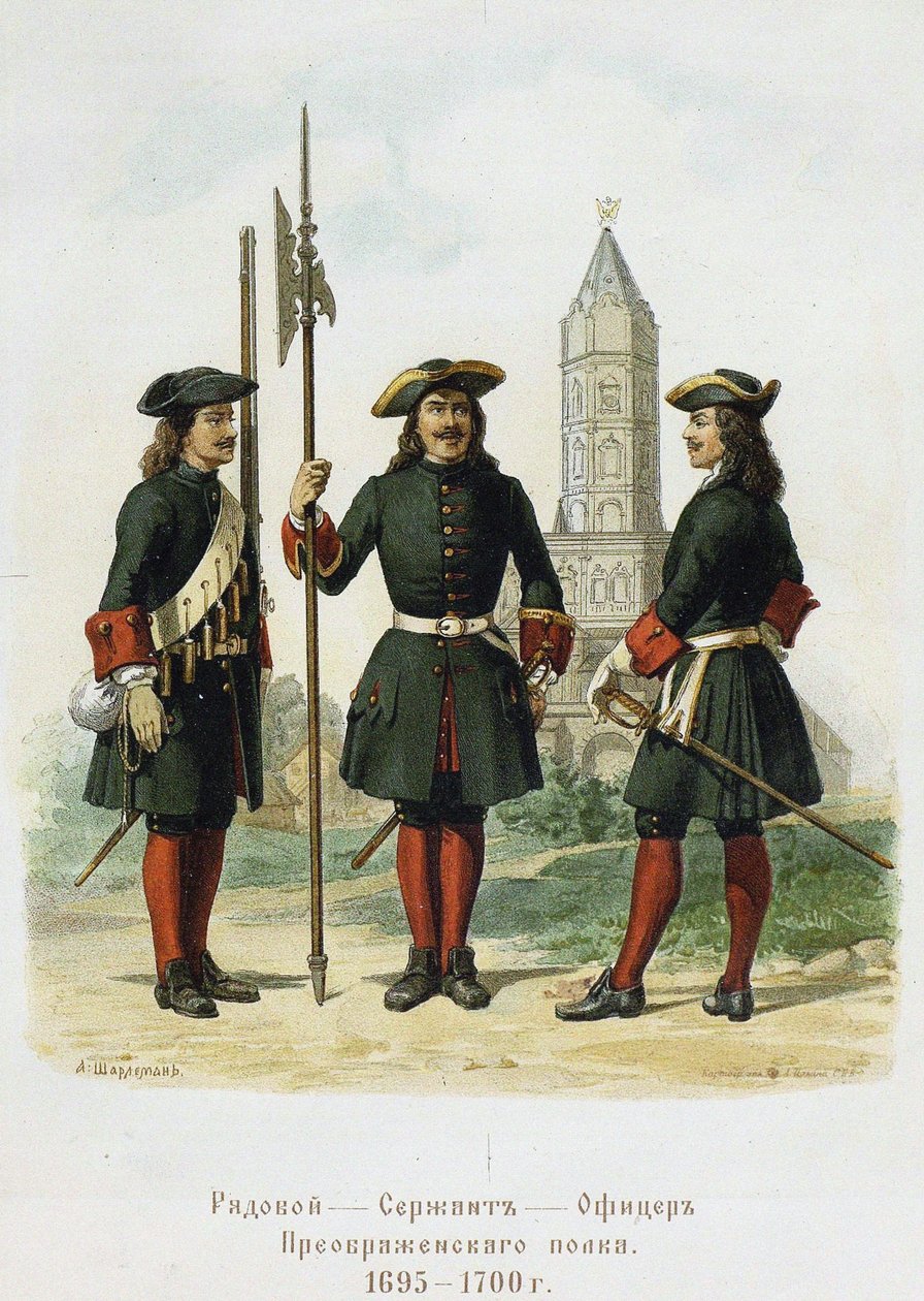 Uniformes de gala del Regimiento Preobrazhensky en 1695-1700, 1901-1904 de Adolf Charlemagne