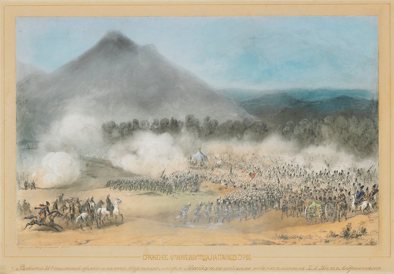 La Batalla en el Río Choloki, en la frontera de Guria el 4 de junio de 1854 de Adolf Charlemagne