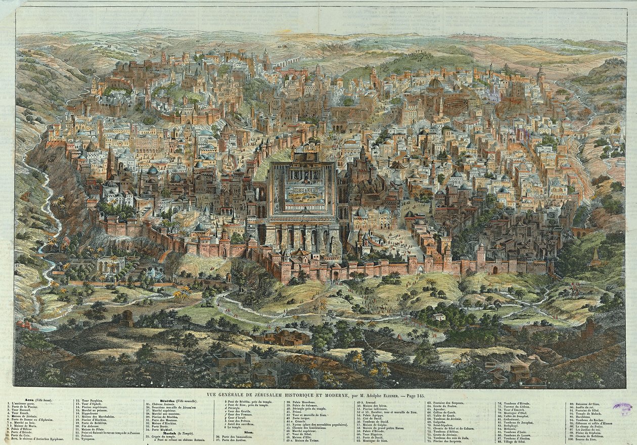 Vista general de la Jerusalén histórica y moderna. Obra de Adolf Eltzner (1816-1891), litografía hacia 1862. Arte alemán, cartografía del siglo XIX. Colección privada. de Adolf Eltzner