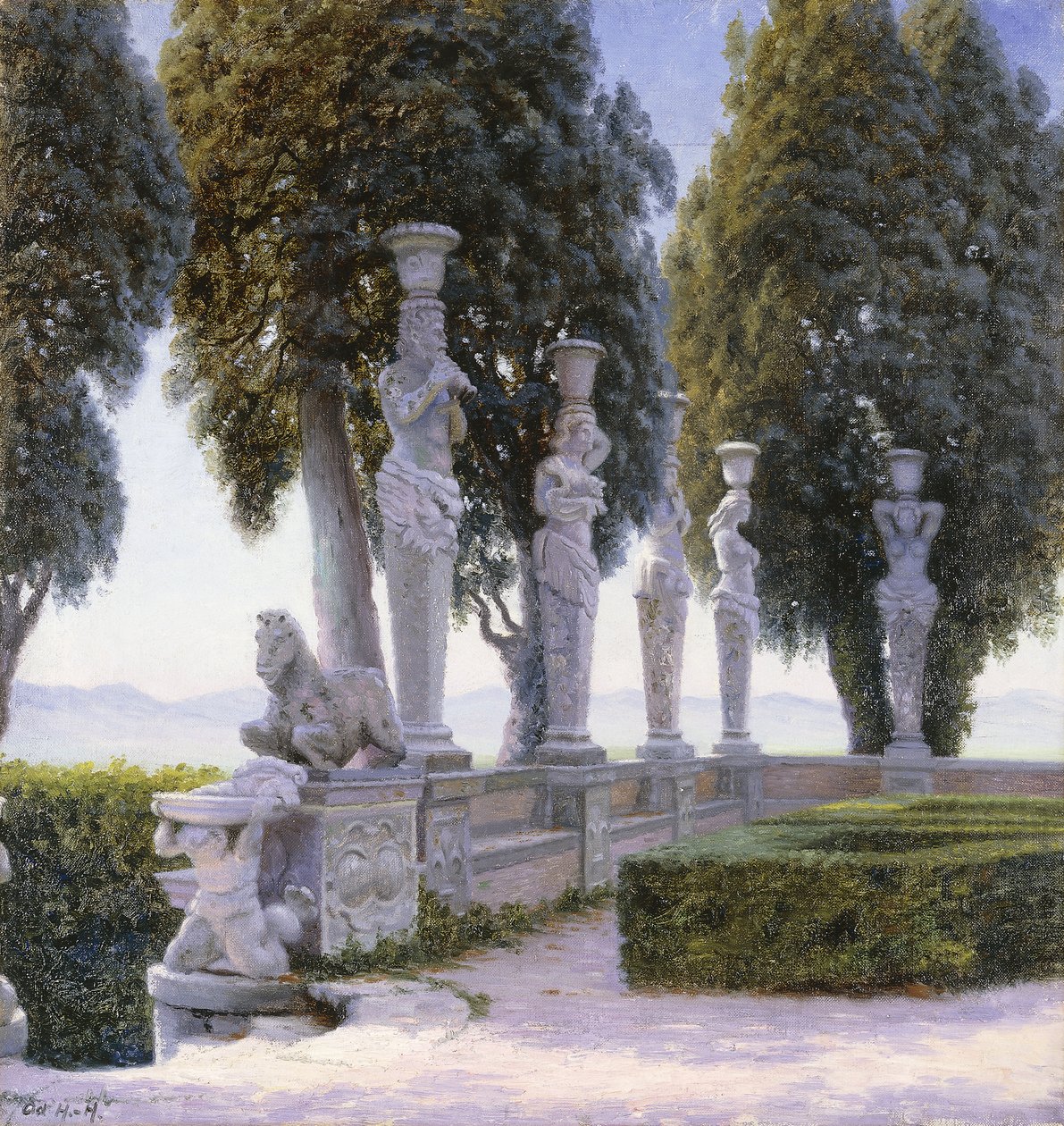 Plaza con cariátides en los jardines de la Villa Farnese, Caprarola de Adolf Heinrich Hansen
