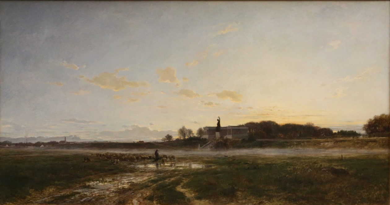 El Theresienwiese con el Bavaria a la luz del atardecer de Adolf Heinrich Lier