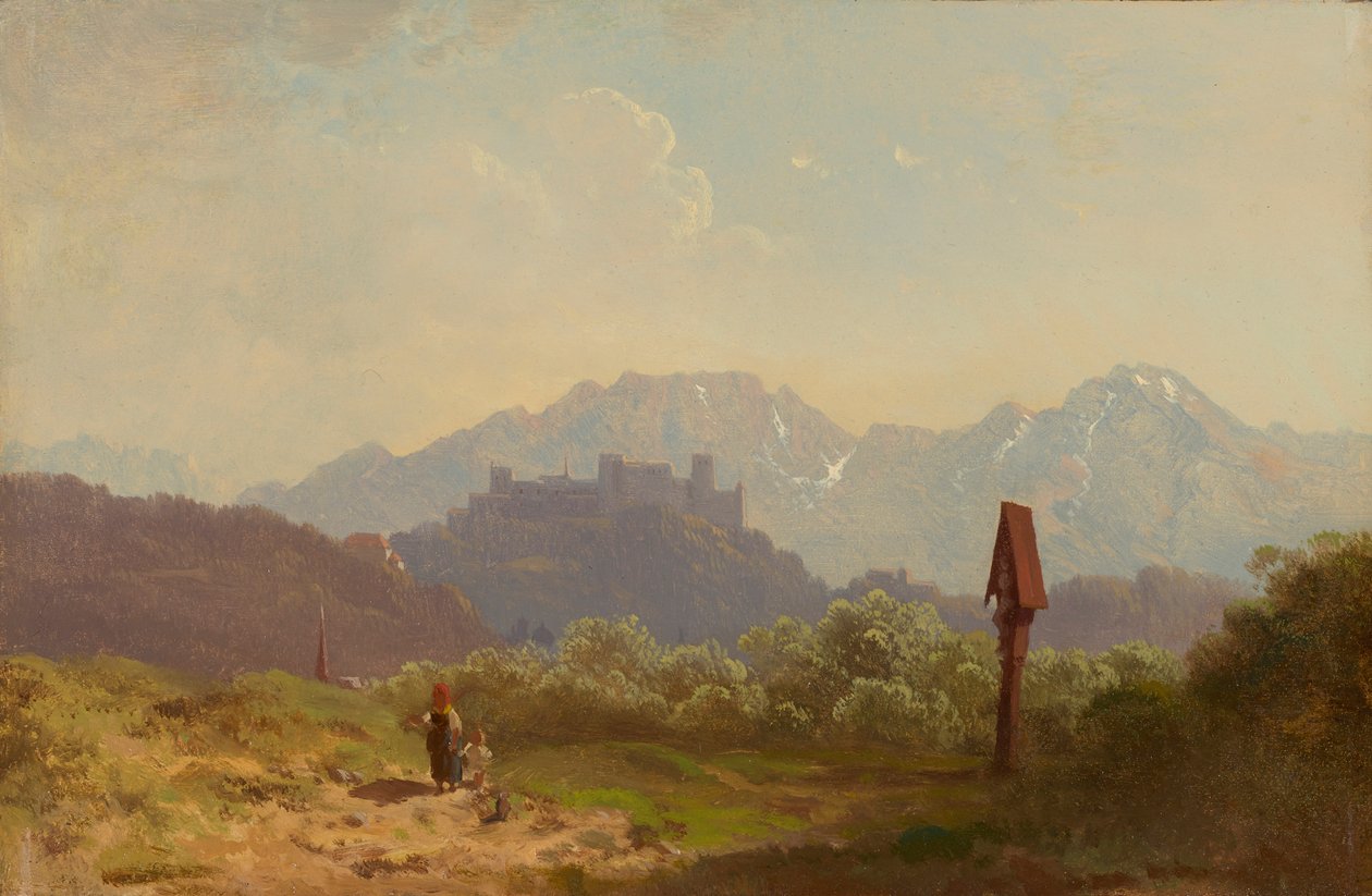 Lote cerca de Salzburgo con vista a la Fortaleza de Hohensalzburg y el Untersberg que se eleva detrás de ella de Adolf Heinrich Lier