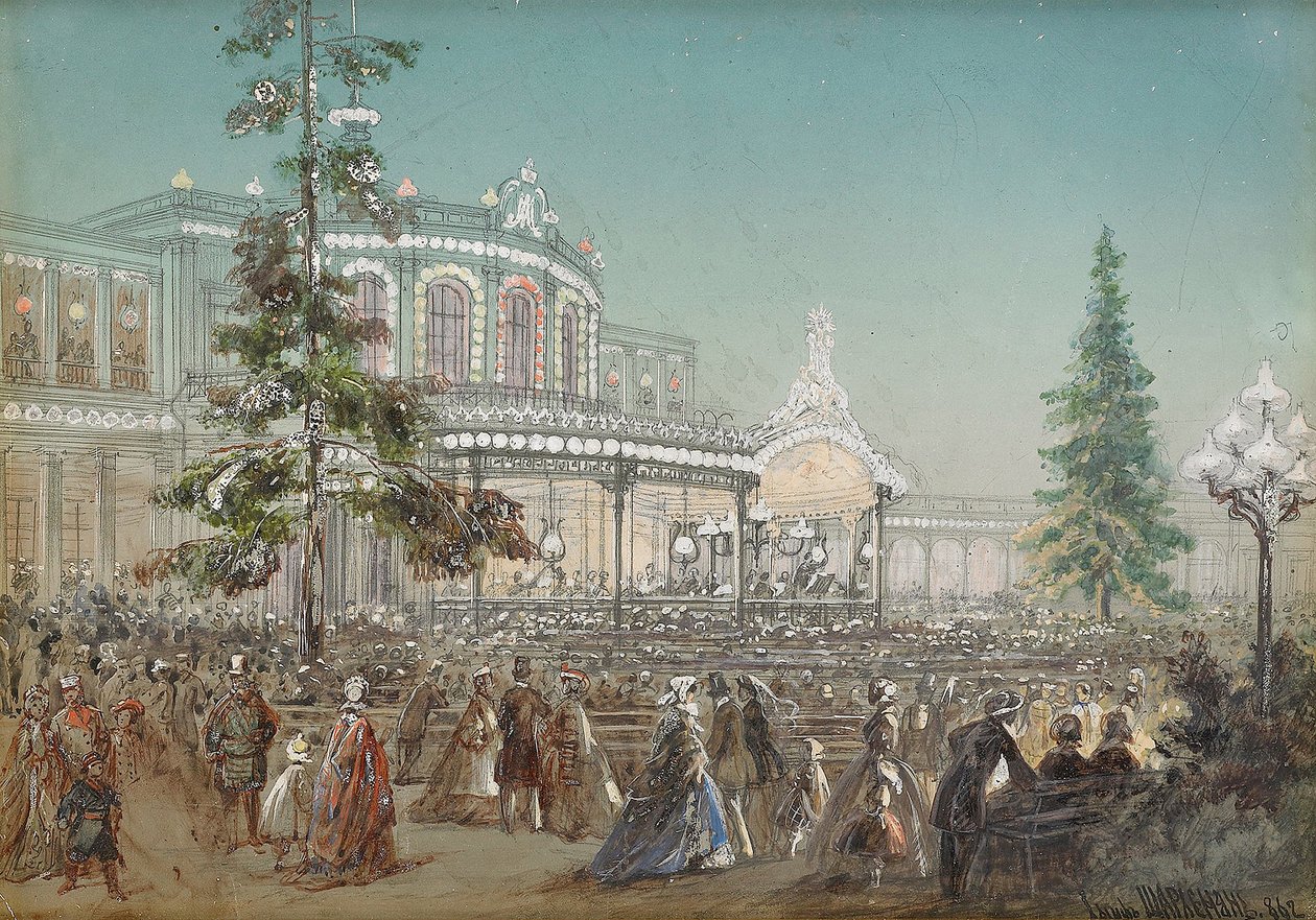 ""Celebración del 25 aniversario del ferrocarril Tsarskoe Selo en la sala de conciertos de la estación de tren de Pavlovsk"" de Adolf Charlemagne (1826-1901), Gouache sobre cartón de Adolf Jossifowitsch Charlemagne