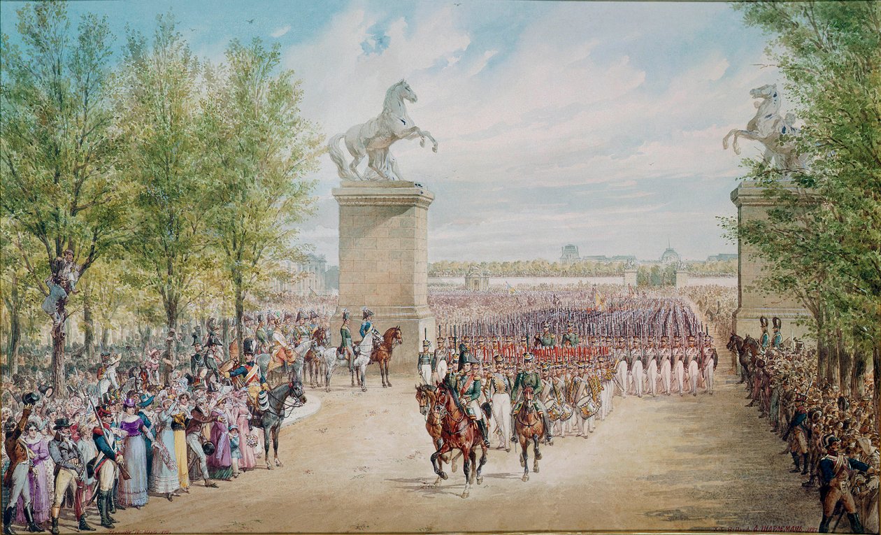 El zar Alejandro I sube por los Campos Elíseos con su ejército en París en 1814 de Adolf Jossifowitsch Charlemagne
