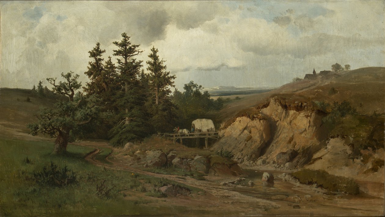 Paysage avec un pont de bois - Paisaje con un puente de madera - Adolf Kosarek (1830-1859). Óleo sobre lienzo de Adolf Kosárek