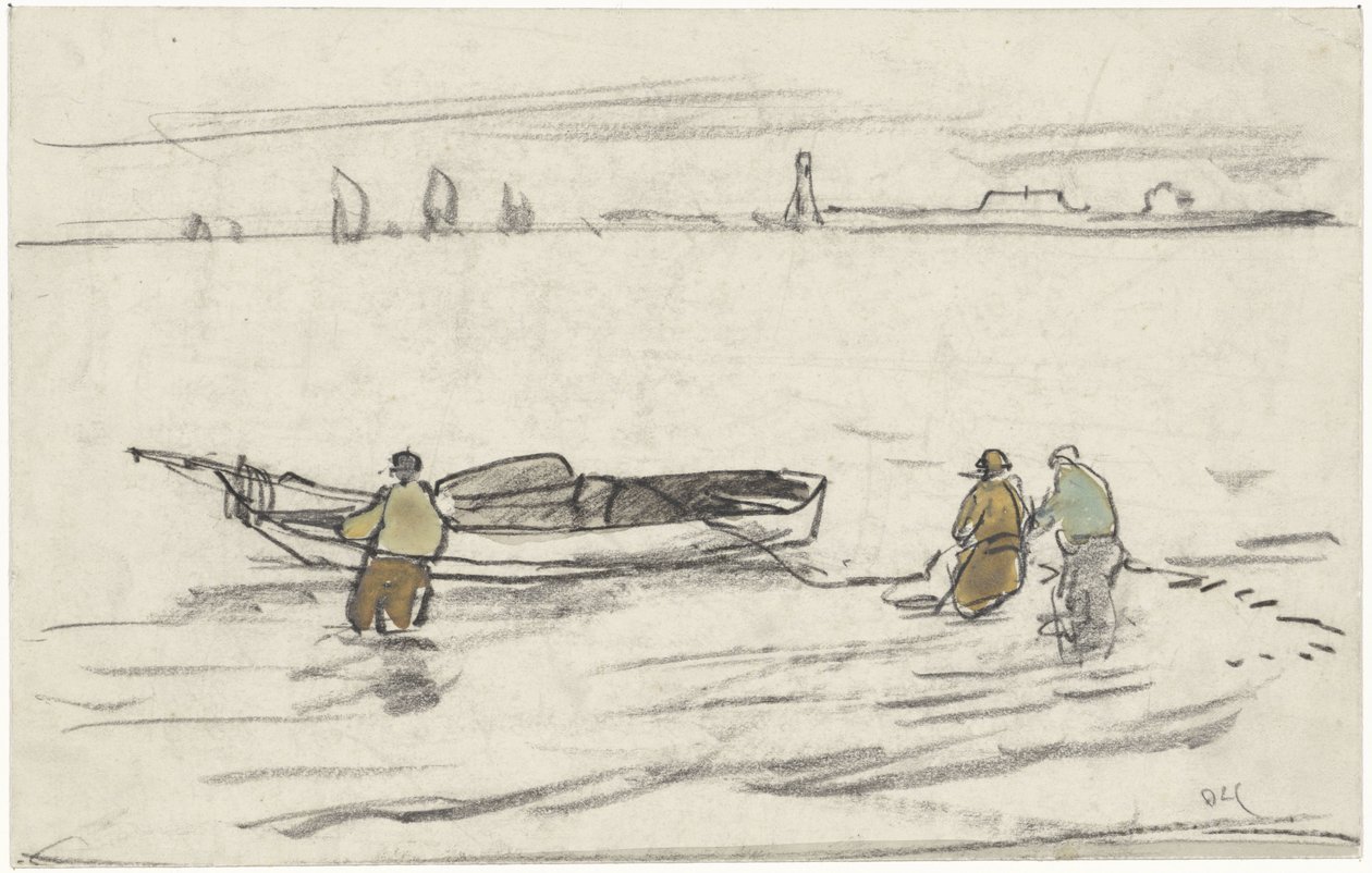 Tres hombres de pie en el agua arrastran un velero a la orilla de Adolf le Comte