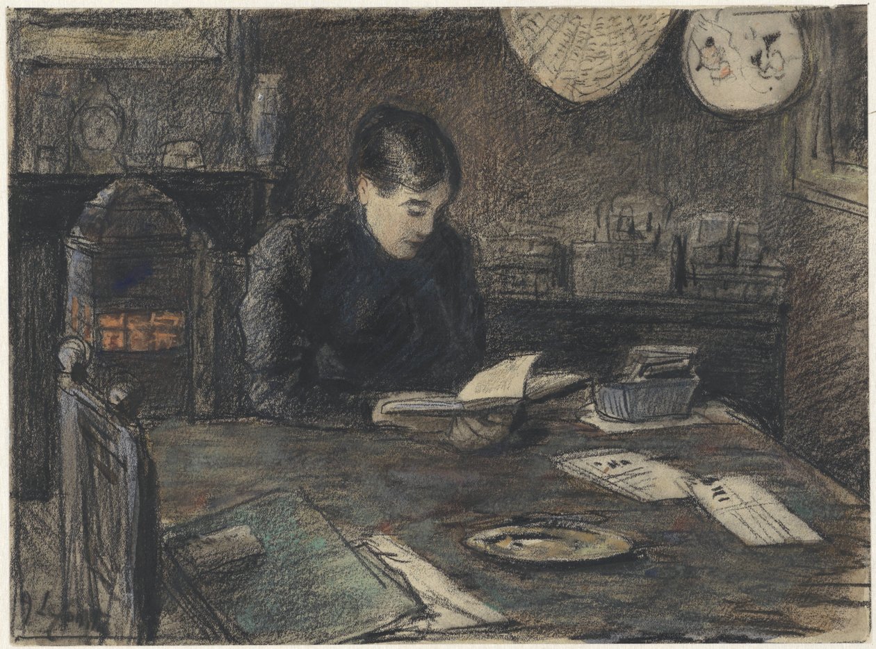 Mujer leyendo en una mesa de Adolf le Comte