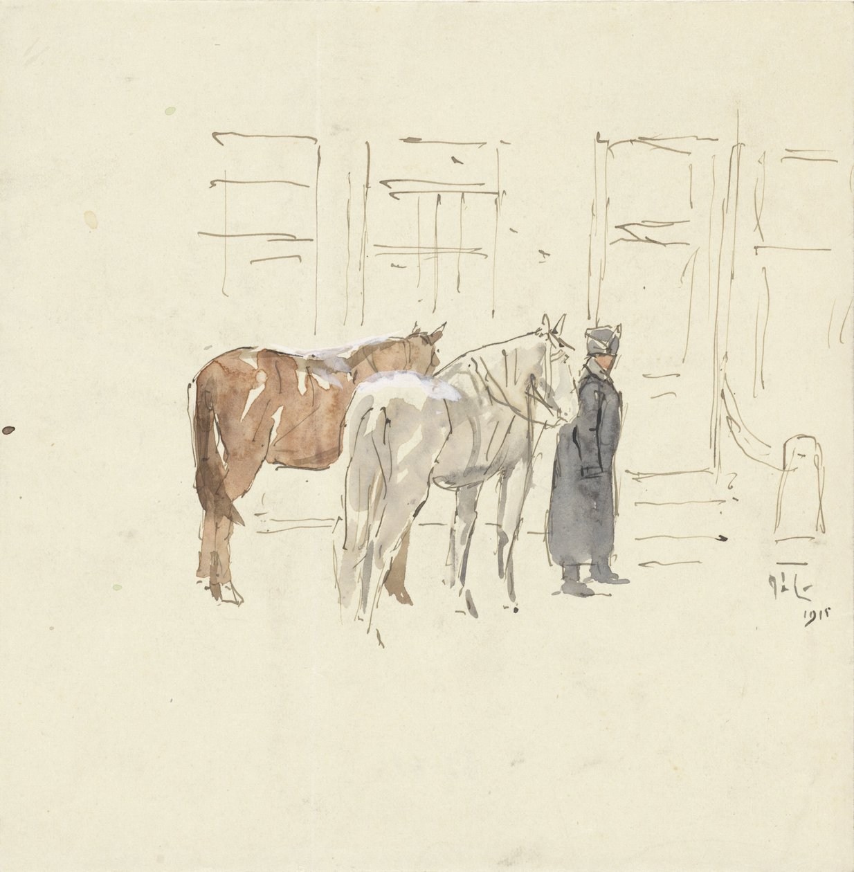 Hombre con dos caballos delante de un edificio de Adolf le Comte