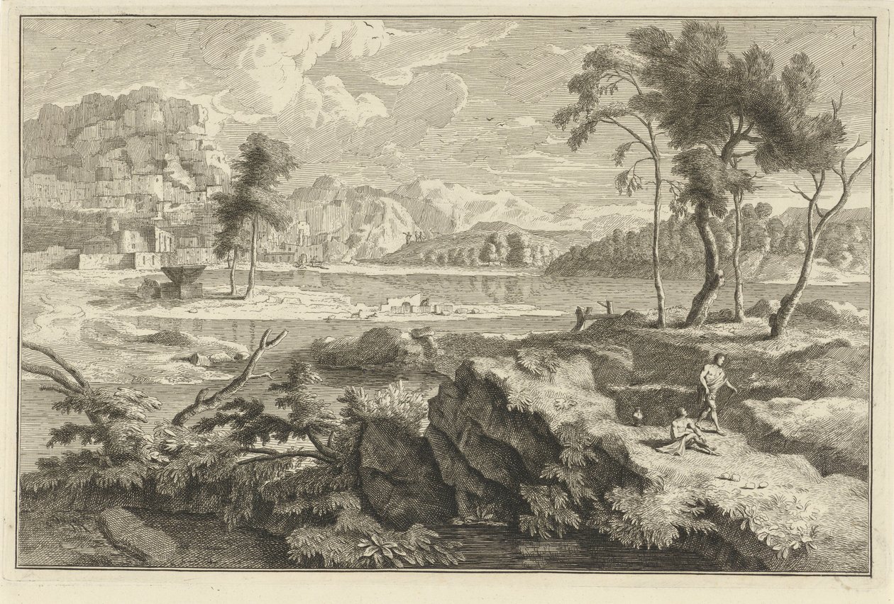 Paisaje arcádico con rocas y río. Paisajes italianos y alemanes (título de la serie) de Adolf van der Laan