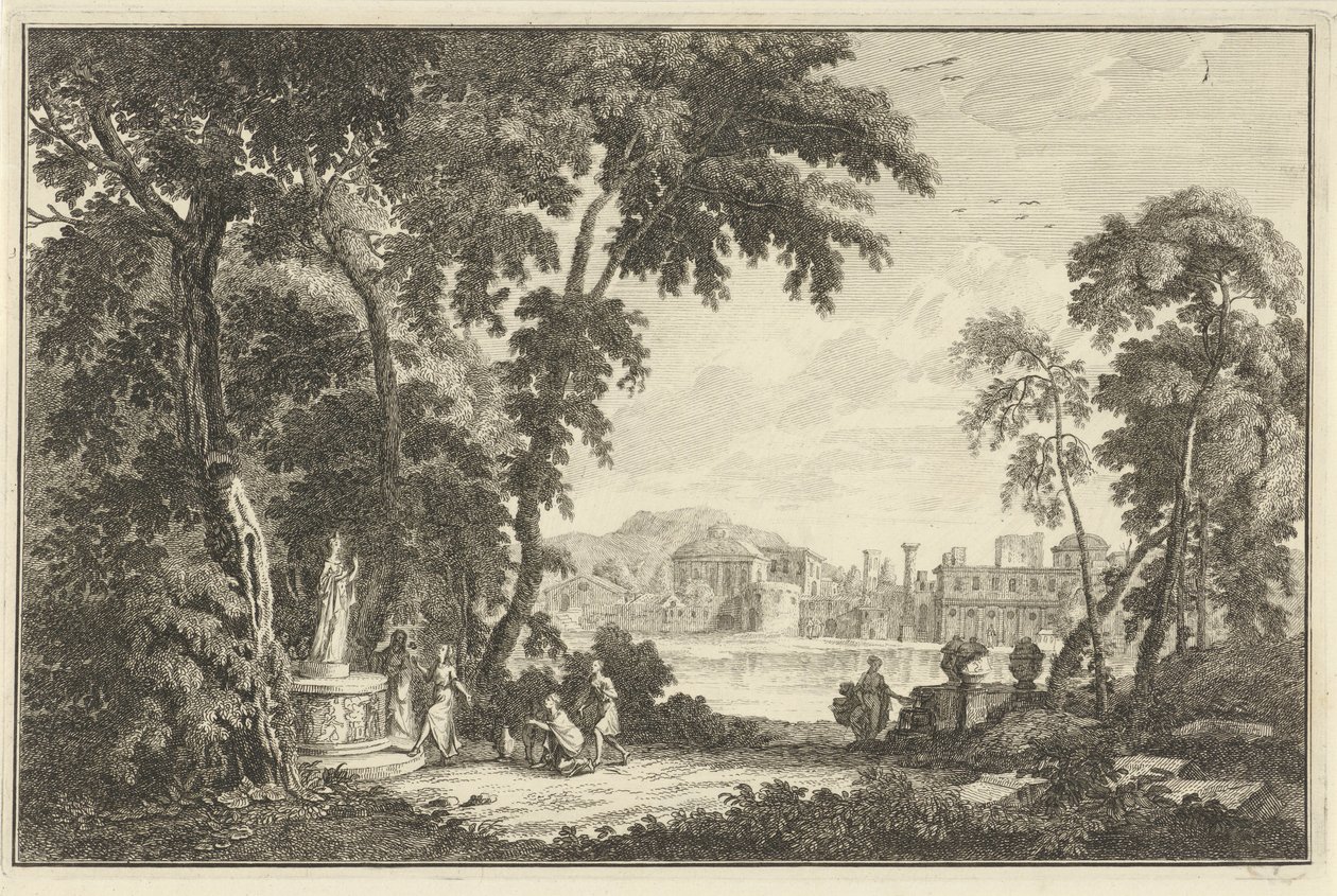 Paisaje del río Arcadian con figuras adorando una estatua Paisajes italianos y alemanes (título de la serie) de Adolf van der Laan