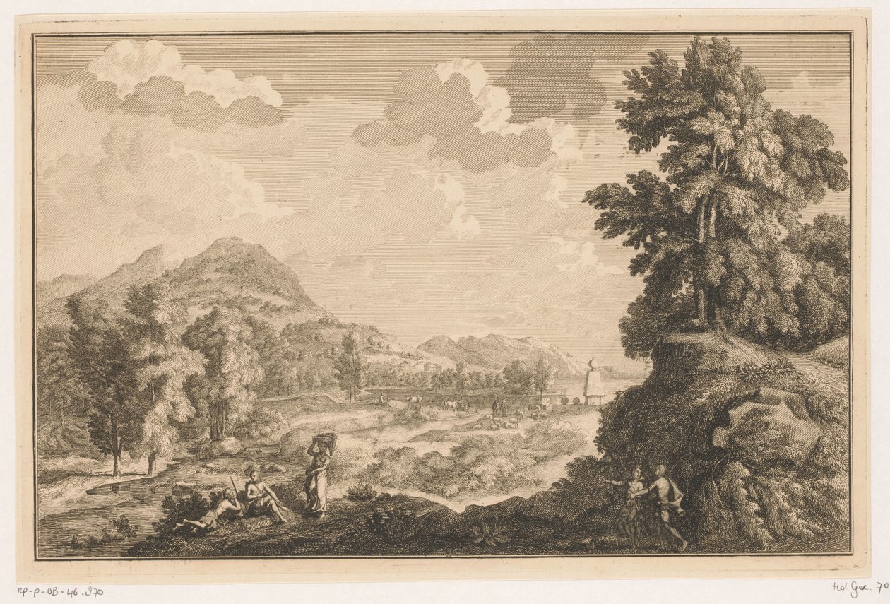Paisaje fluvial de Arcadia con pastores y una mujer con un cesto de ropa sucia Paisajes italianos y alemanes (título de la serie) de Adolf van der Laan