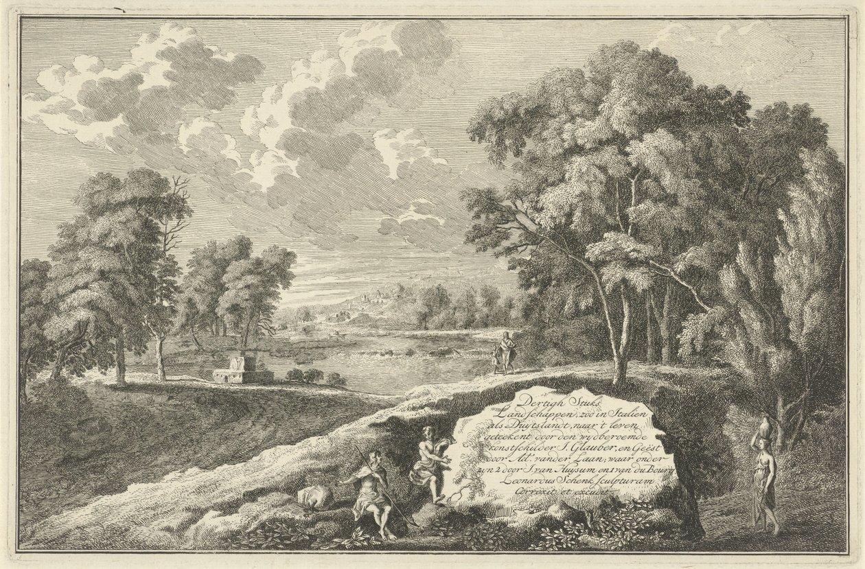 Paisaje del río Arcadian con mujer y niño. Impresión de título para: Treinta piezas de paisajes del zoológico en Italia como Duytslandt Paisajes italianos y alemanes (título de la serie) de Adolf van der Laan