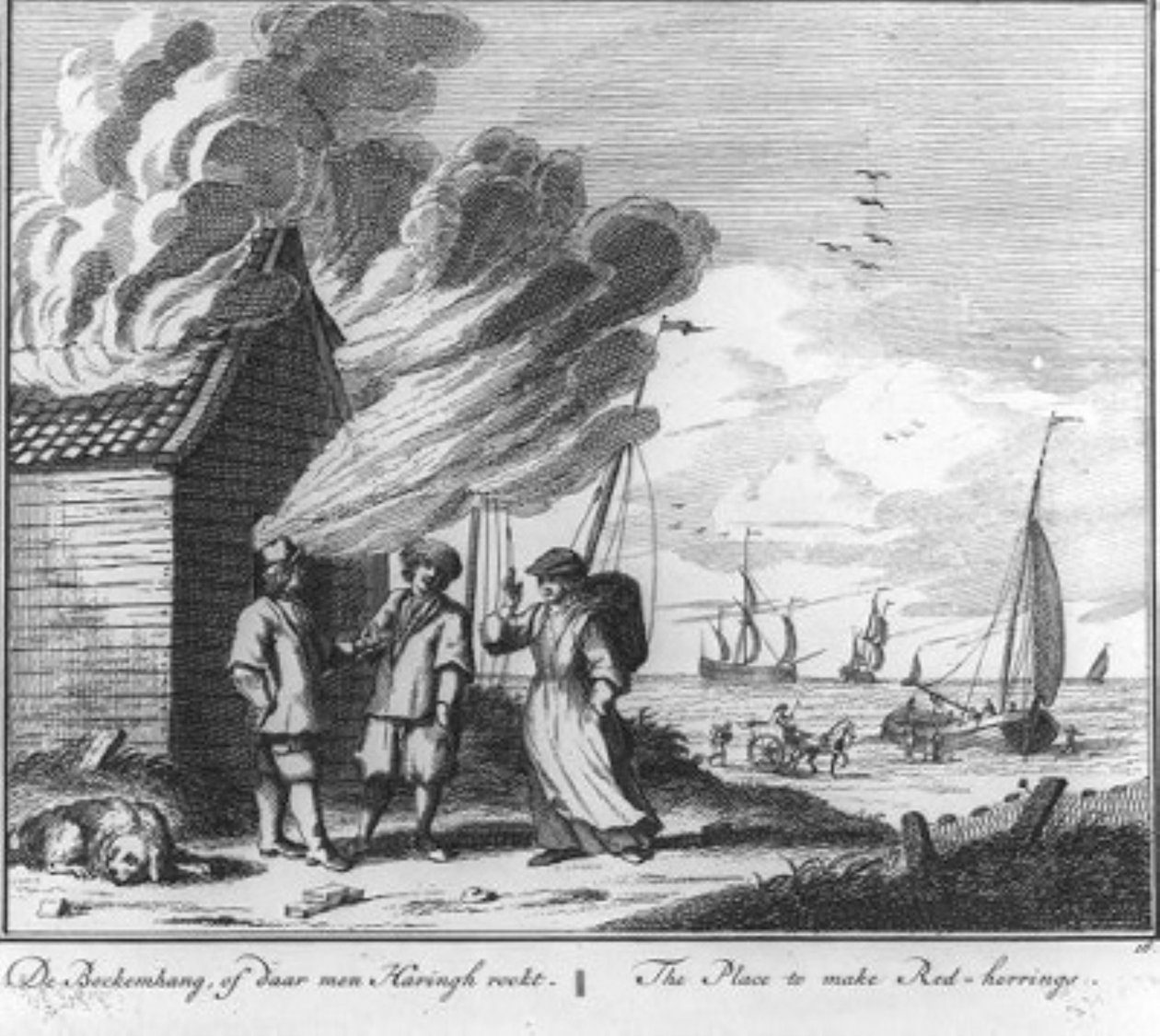 «De bockemhang, of daar men haringh rookt» (n.º 16 de la serie sobre la pesca del arenque) de Adolf van der Laan