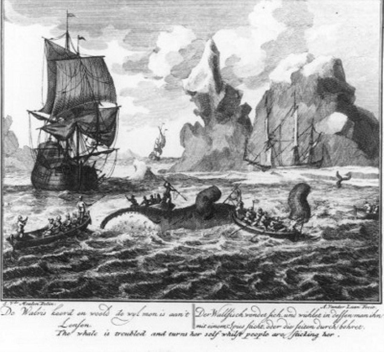 «La ballena se vuelve y se agita mientras la desuellan» (n.º 6 de la serie sobre la caza de ballenas) de Adolf van der Laan