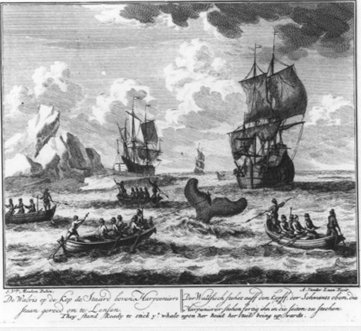 «La ballena con la cabeza hacia abajo, la cola hacia arriba, los arponeros están preparados para lancearla» (n.º 5 de la serie sobre la caza de ballenas) de Adolf van der Laan