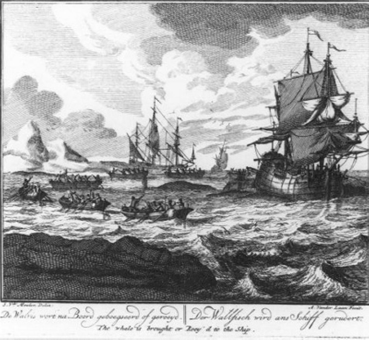 «La ballena es remolcada o llevada a remo a bordo». (n.º 7 de la serie sobre la caza de ballenas) de Adolf van der Laan