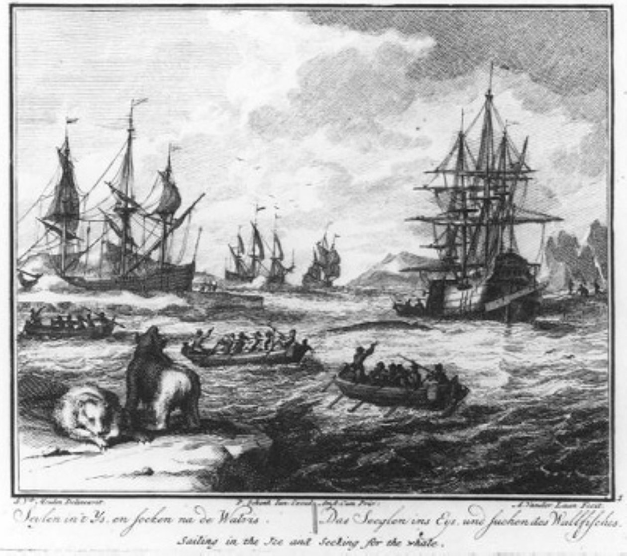 «Navegar entre los hielos y buscar la ballena» (n.º 1 de la serie sobre la caza de ballenas) de Adolf van der Laan