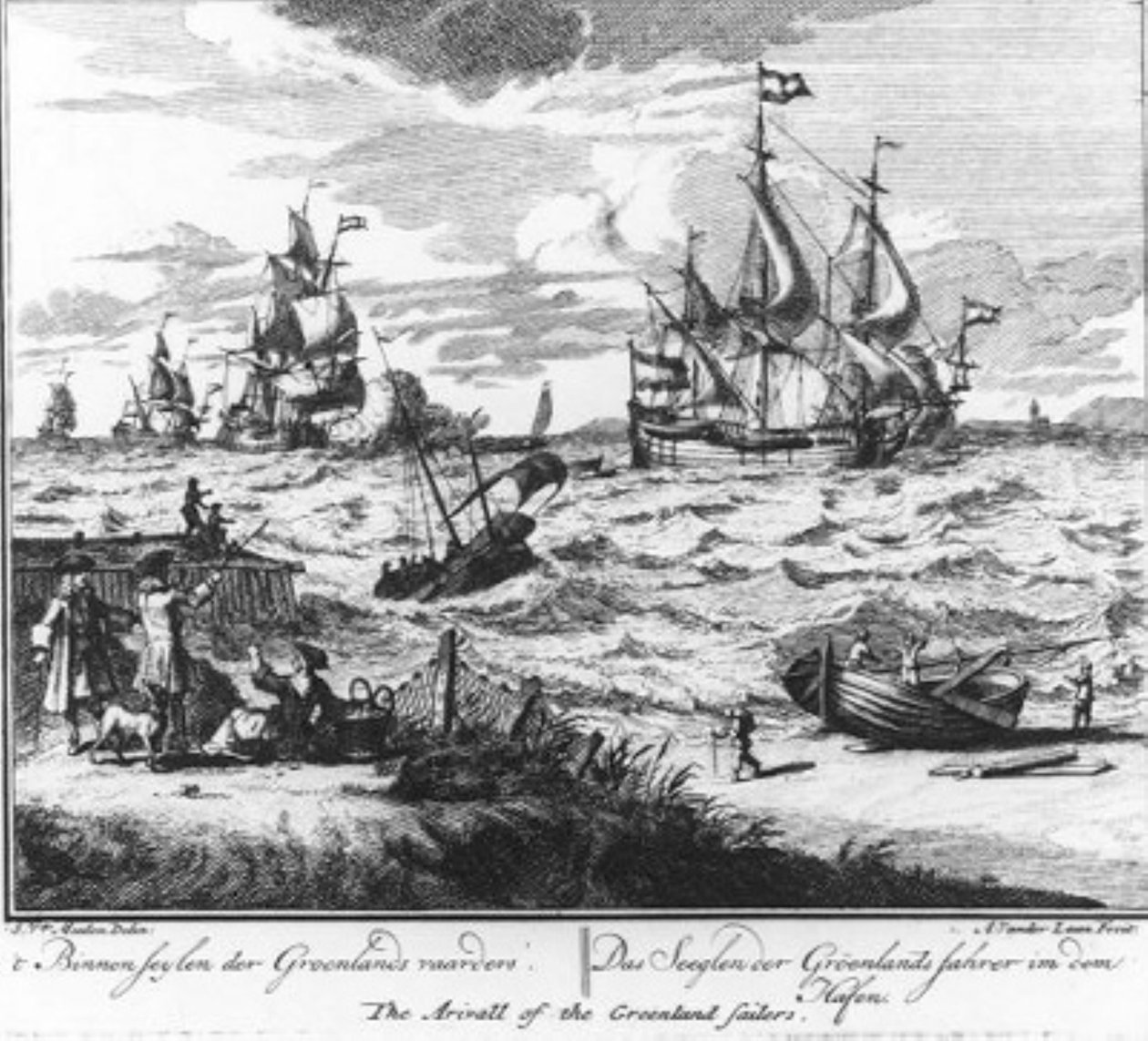 «La llegada a vela de los balleneros de Groenlandia» (n.º 15 de la serie sobre la caza de ballenas) de Adolf van der Laan