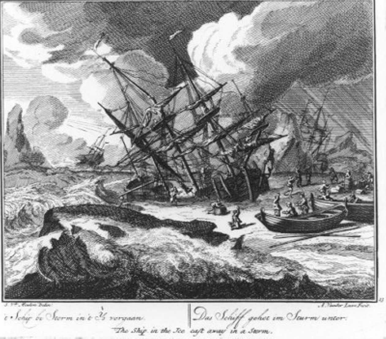 «El barco perdido en el hielo durante una tormenta» (n.º 13 de la serie sobre la caza de ballenas) de Adolf van der Laan