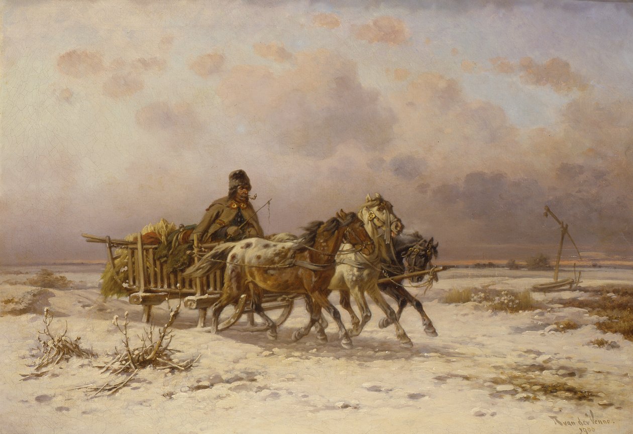 Un campesino en un trineo tirado por tres caballos de Adolf van der Venne
