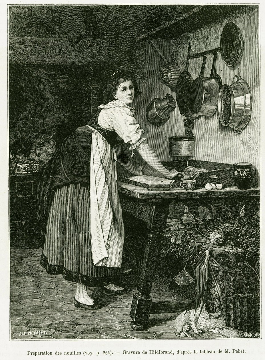 Preparación de fideos. Grabado por Hildibrand, para ilustrar la historia A través de Alsacia y Lorena, en 1887, por Charles Grad, diputado alemán, en le tour du monde 1888, dirigido por Edouard Charton (1807-1890), Hachette, París. de Adolf von Hildebrand