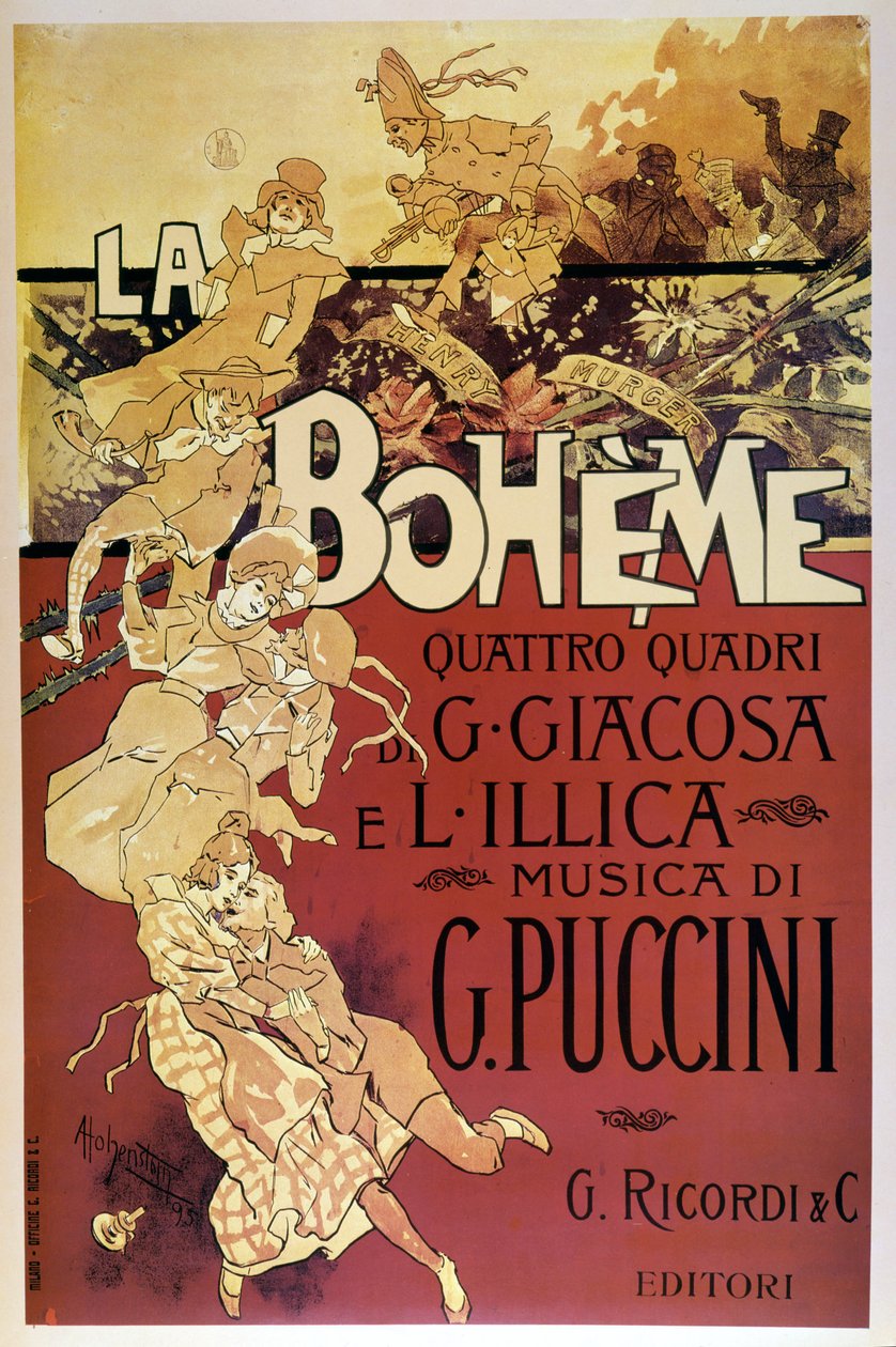 Cartel de La Bohème por Adolfo Hohenstein para el estreno de la ópera de Giacomo Puccini en el Teatro Regio di Torino, el 01/02/1896. de Adolfo Hohenstein