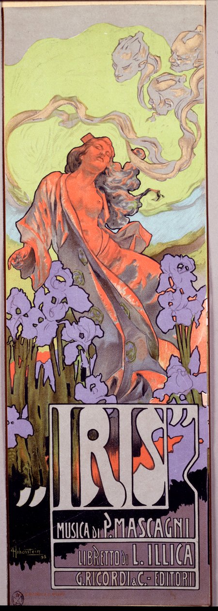 Iris. Ópera compuesta por Pietro Mascagni y libreto italiano de Luigi Illica (1898). Cartel ilustrado por Adolfo Hohenstein (1854-1928) 1910. Dim. 10x29.5 cm. Colección privada milanesa de Adolfo Hohenstein