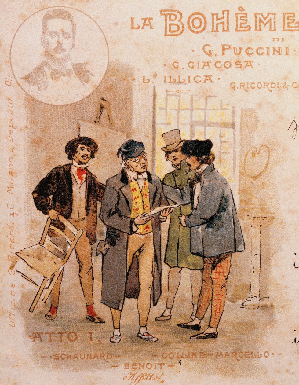 Tarjeta postal de Adolf Hohenstein (1854-1928) para la primera representación de La Boheme de Adolfo Hohenstein