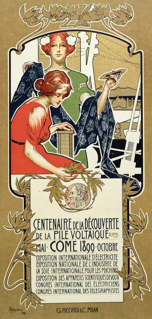 Póster anunciando el Centenario del Descubrimiento de la Pila Voltaica, 1899 de Adolfo Hohenstein