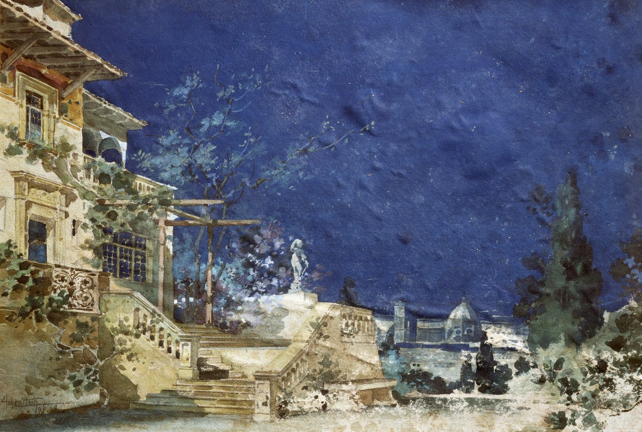 Escenografía de Adolfo Hohenstein (1854-1928) para el estreno de Zanetto, ópera de Pietro Mascagni (1863-1945) de Adolfo Hohenstein
