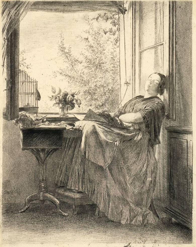 La costurera dormida en la ventana de Adolph Menzel