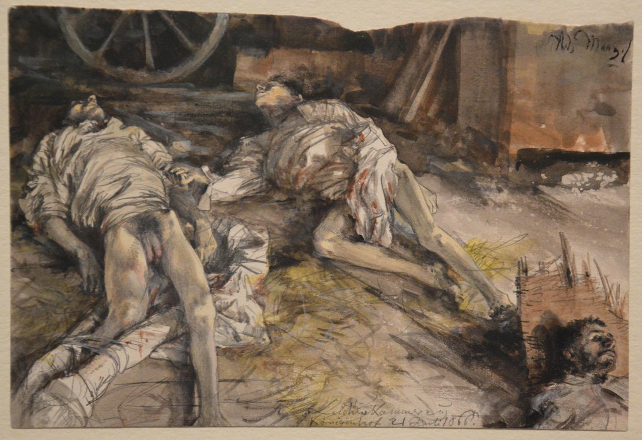 Tres soldados caídos en un granero de Adolph Menzel