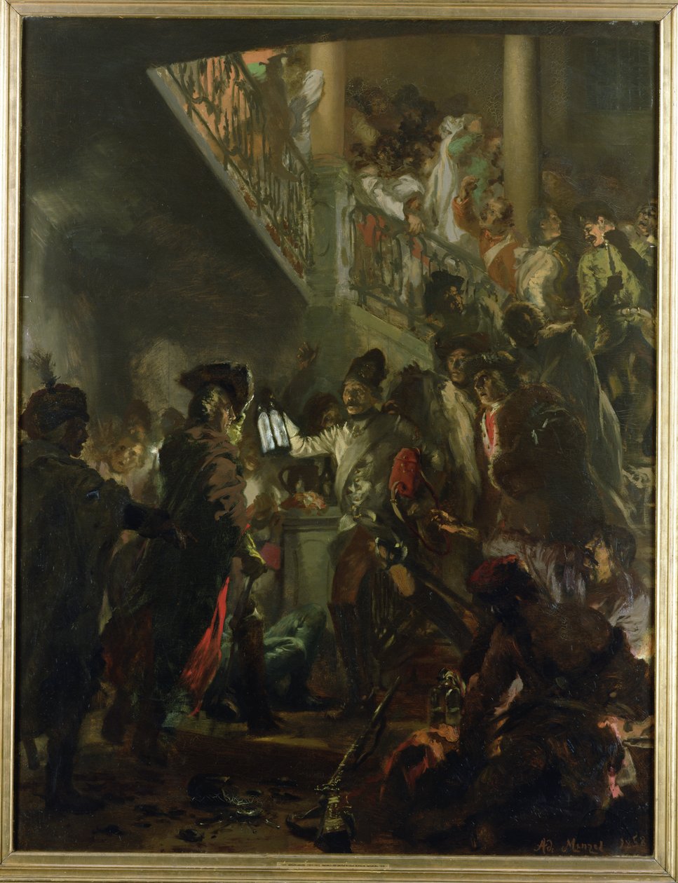 Federico II el Grande (1712-86) en Lissa, ¡Buenas noches, señores! 1858 de Adolph Menzel