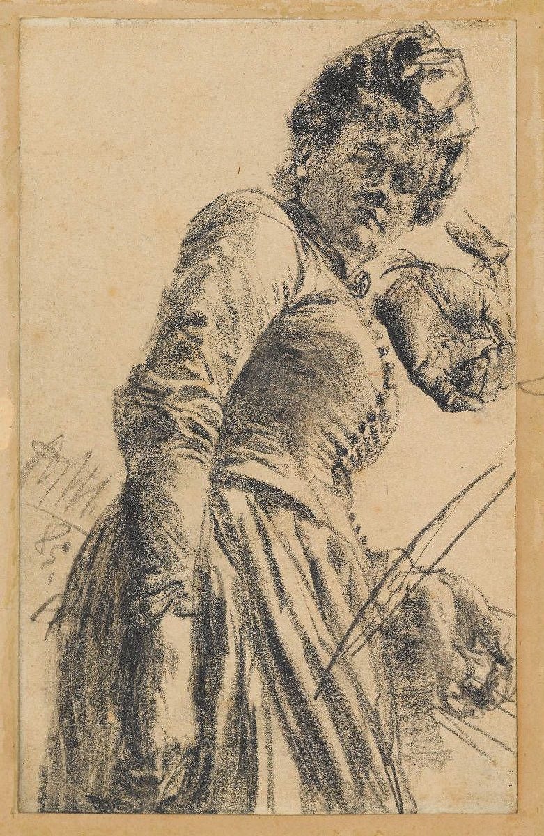 Estudio de modelo de una mujer con sombrero de Adolph Menzel