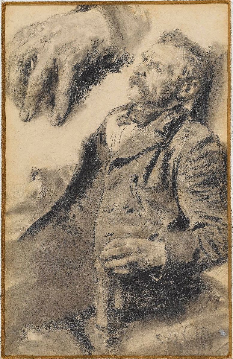 Estudio de un hombre sentado, arriba a la izquierda estudio de la mano izquierda de Adolph Menzel