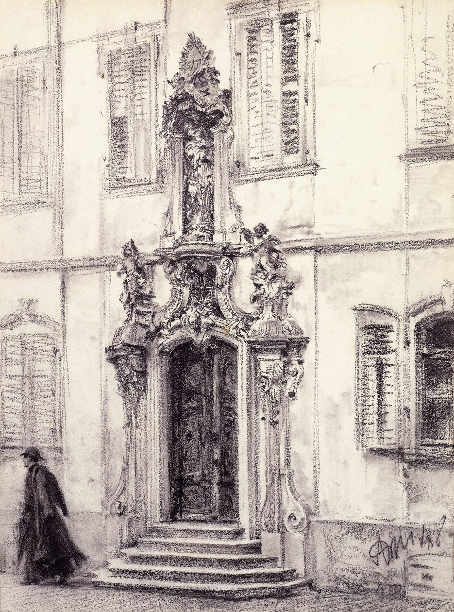 Un hombre descendiendo la escalera de un edificio decorado con un portal barroco, 1884 de Adolph Menzel