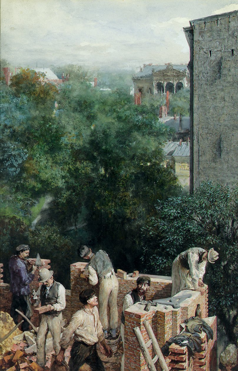 Albañiles en un sitio de construcción, 1875 de Adolph Menzel