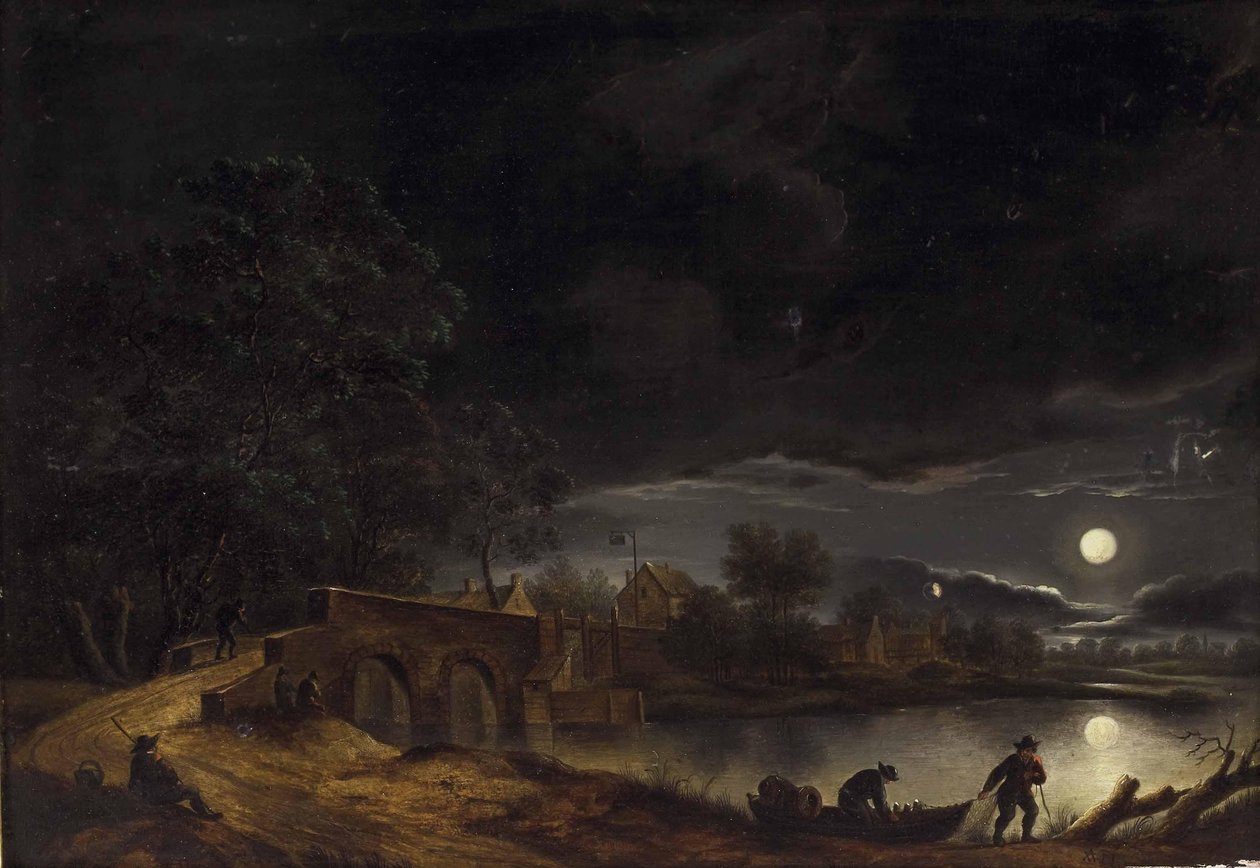 Alemán: Luna llena sobre pueblo en el río con puente y gente en staffage de Adolph Friedrich Vollmer