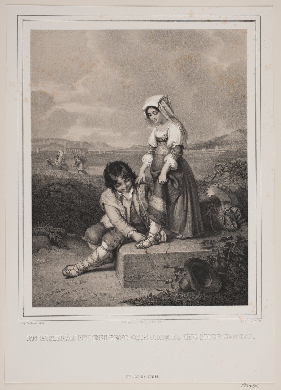 Un pastor romano atando la sandalia de una joven de Johan Adolph Kittendorff