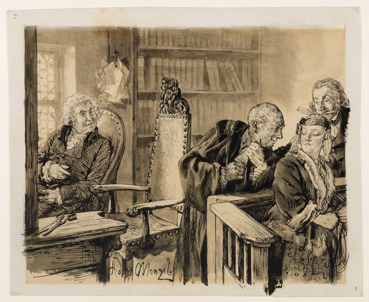 Adán le habla en secreto a Eva. Licht escucha. El consejero judicial llama a Adán para que vuelva al estrado. De Heinrich von Kleist, «La jarra rota» de Adolph Menzel