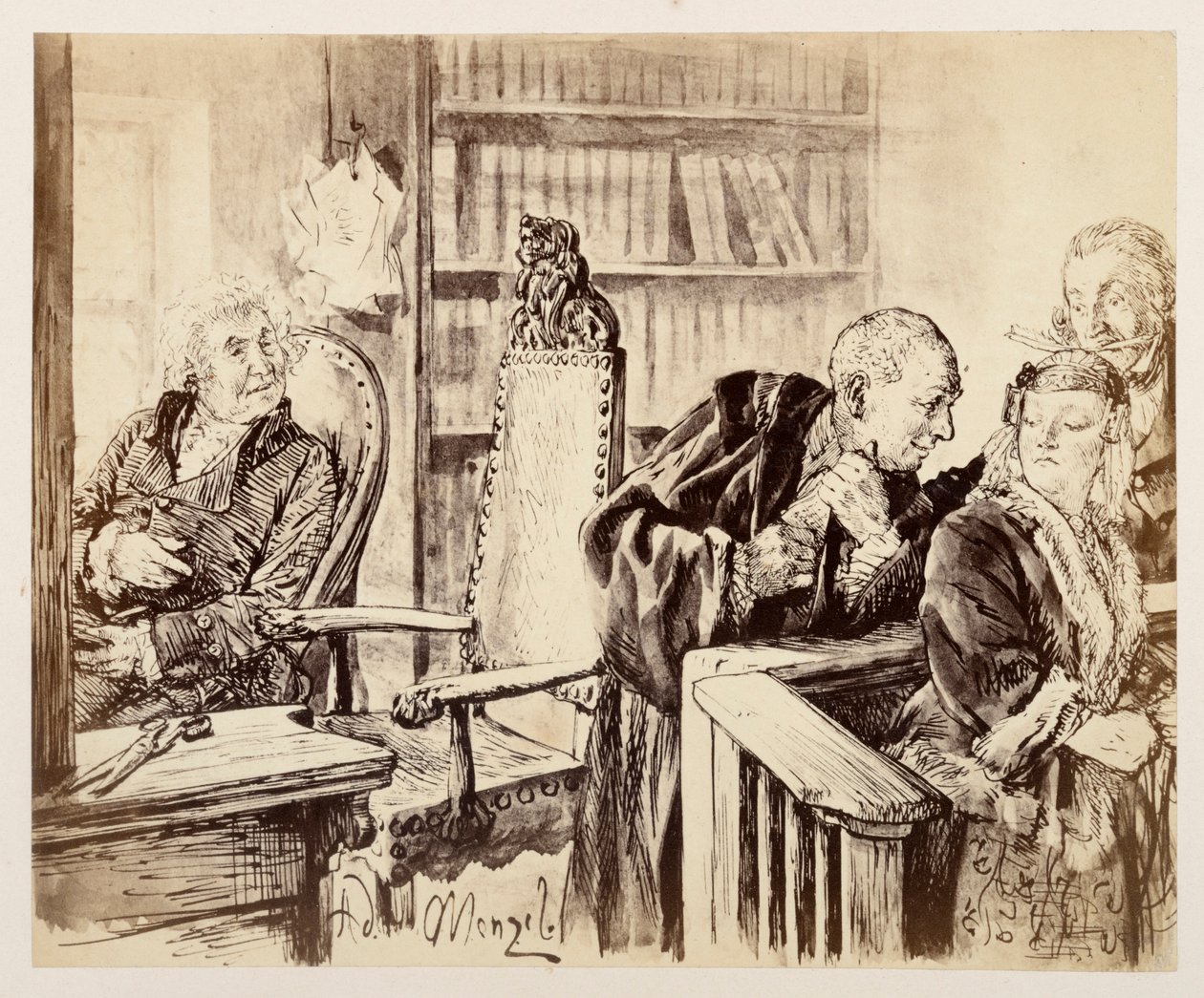 Adam habla en secreto con Eve. Licht escucha. El consejero judicial llama a Adam de vuelta al estrado del juez, para «El cántaro roto» de Heinrich von Kleist de Adolph Menzel
