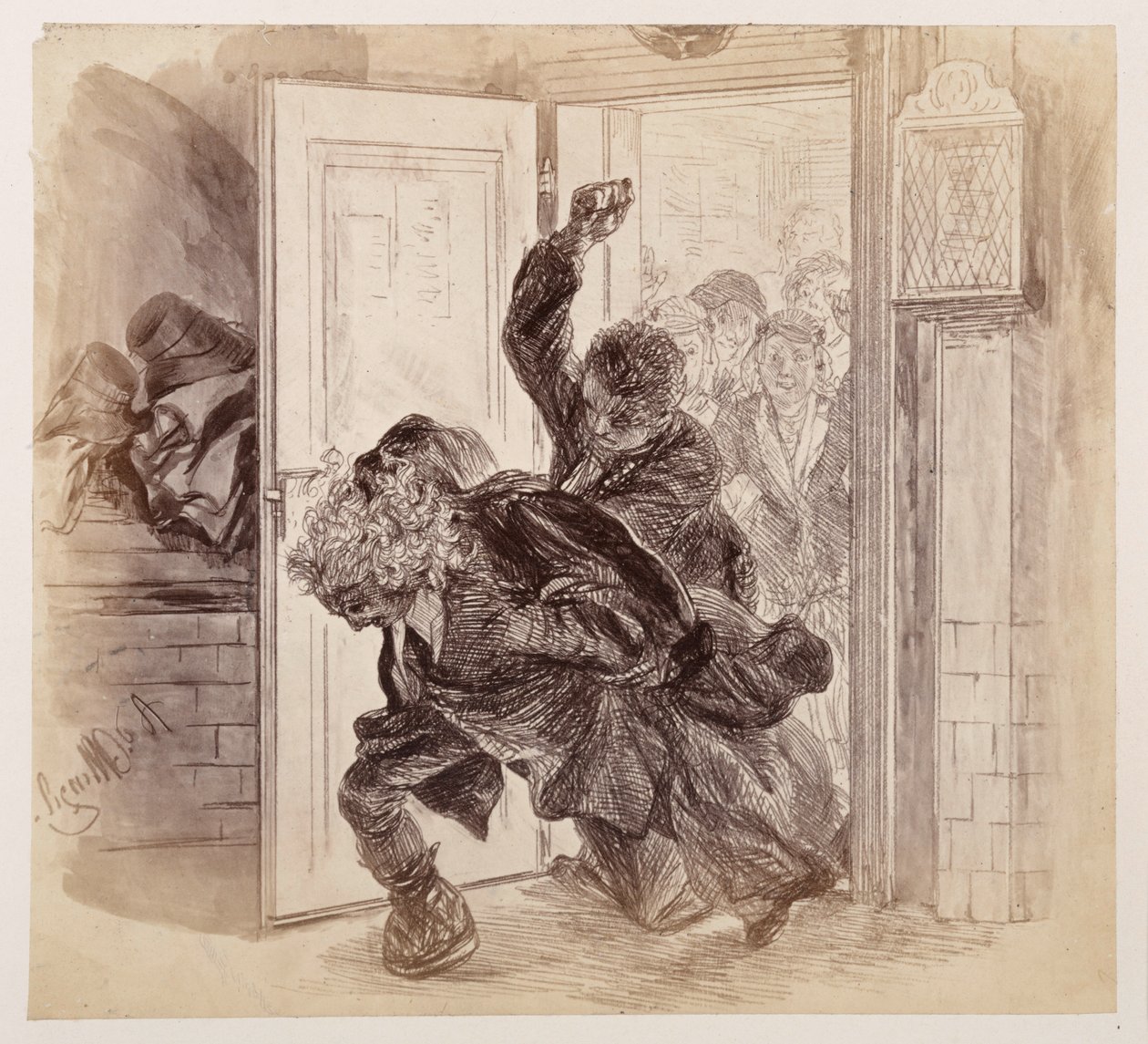 Adam, tras recibir una paliza de Ruprecht, sale corriendo de la sala del tribunal; Eve y los demás observan la escena desde un segundo plano, según la obra de Heinrich von Kleist «La jarra rota». de Adolph Menzel