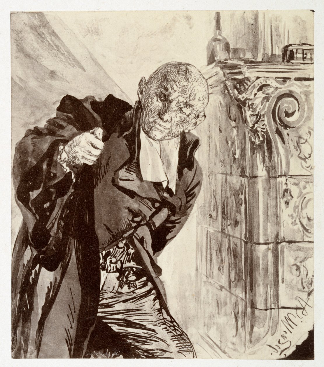 Adam, de pie a la derecha junto a una estufa de azulejos, se pone su toga de juez, en referencia a «La jarra rota», de Heinrich von Kleist. de Adolph Menzel