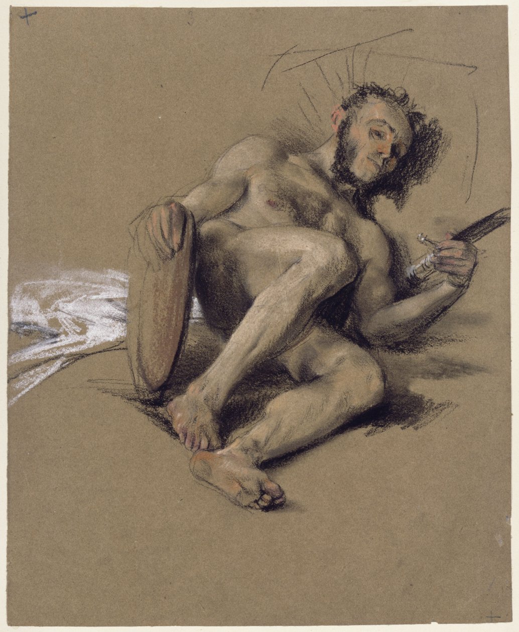 Estudio de desnudo: hombre barbudo recostado en el suelo, a la izquierda, con espada y escudo en las manos; estudio para el discurso con motivo de la mayoría de edad del príncipe heredero en 1850 de Adolph Menzel