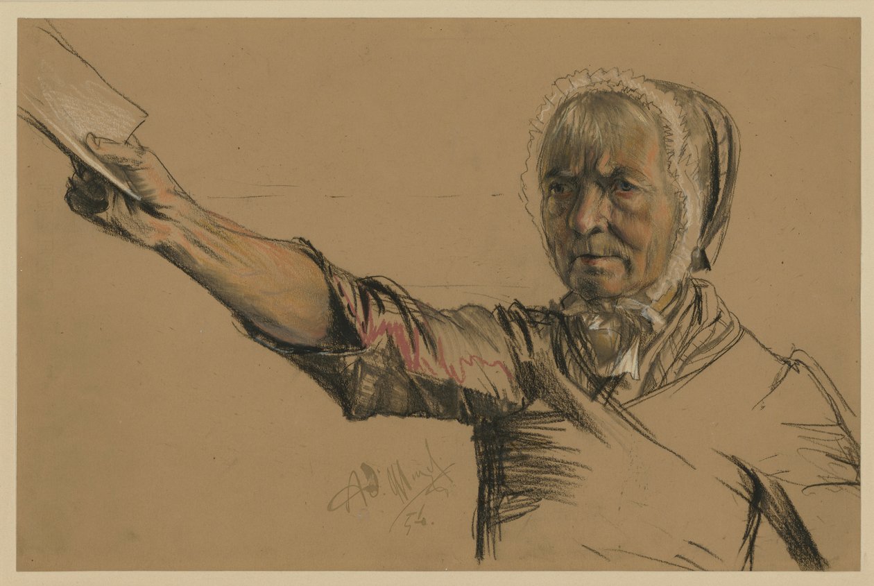 Anciana que extiende con la mano derecha una petición de Adolph Menzel