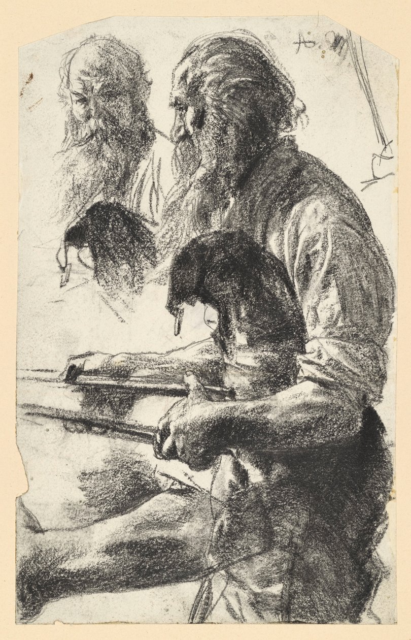 Un anciano trabajador del hierro con un delantal de piel y unos alicates en la mano. Estudio para «La fábrica de laminación de hierro. Cíclopes modernos». de Adolph Menzel