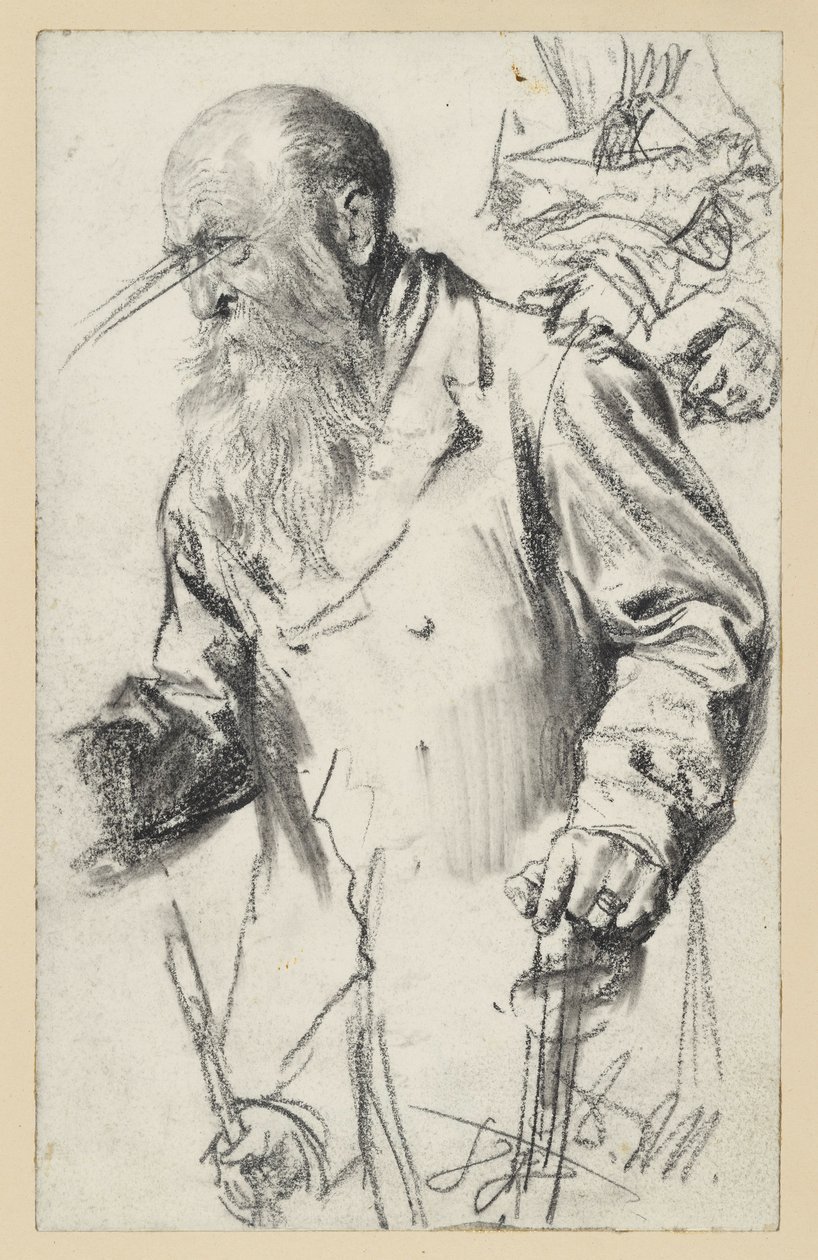 Un anciano barbudo con falda y bastón; se repiten algunos detalles de Adolph Menzel
