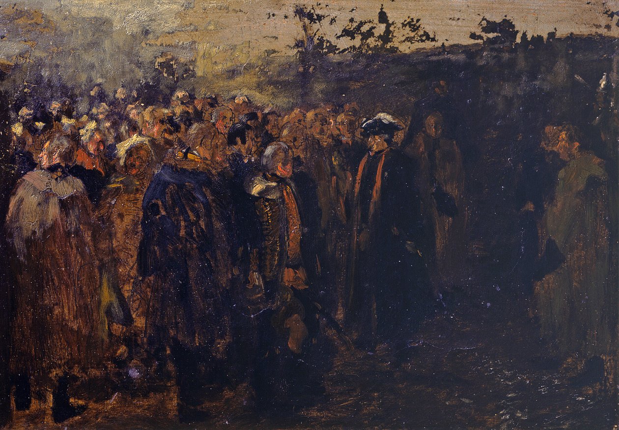 Discurso de Federico el Grande a sus generales antes de la batalla de Leuthen. Boceto de Adolph Menzel